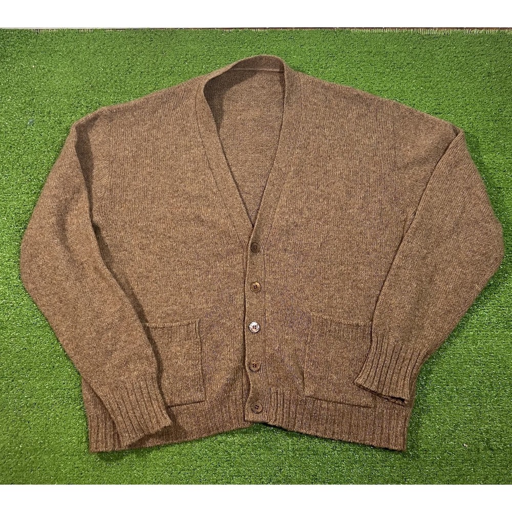 Vintage Wool Cardigan Sweater XL Light Brown 70s Golf Preppy Outerwear USA Made